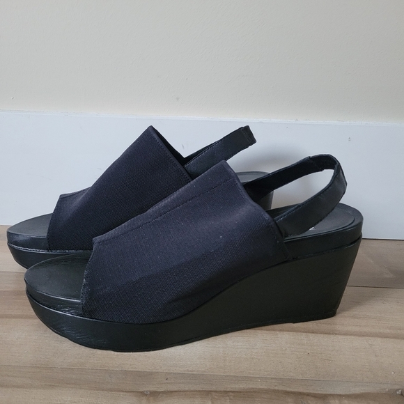 Eileen Fisher Platform Slingback Open Toe Fabric Sandal Black - Picture 2 of 6